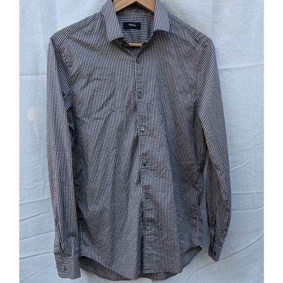 Theory Mens Murray Tech Stretch Plaid Button Down Shirt Sz M Peach Navy Checked - Picture 1 of 6
